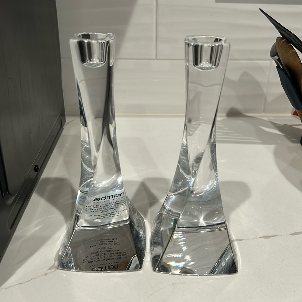 Nambe Full Lead Crystal Candlesticks Rare Swirl Design 8”